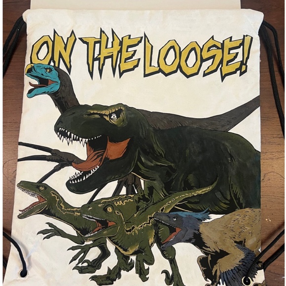 13 x 15 Hand Painted "On the Loose" Dinosaur Boys Kid's Drawstring Backpack - Picture 1 of 4